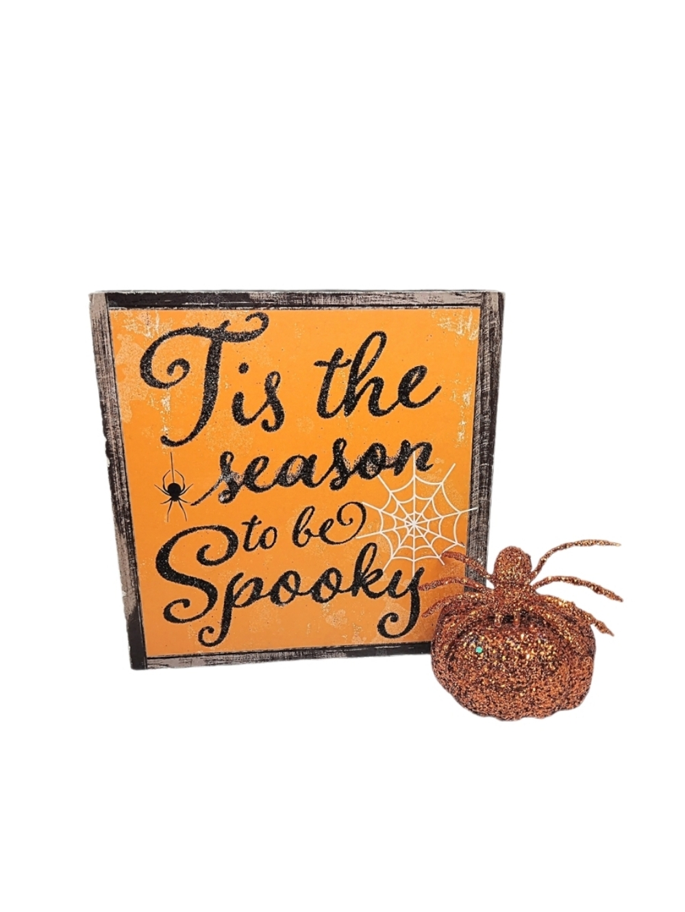 🧡 Black Orange Wooden Block Sign Halloween Spooky Goth Glitter Pumpkin Decor
